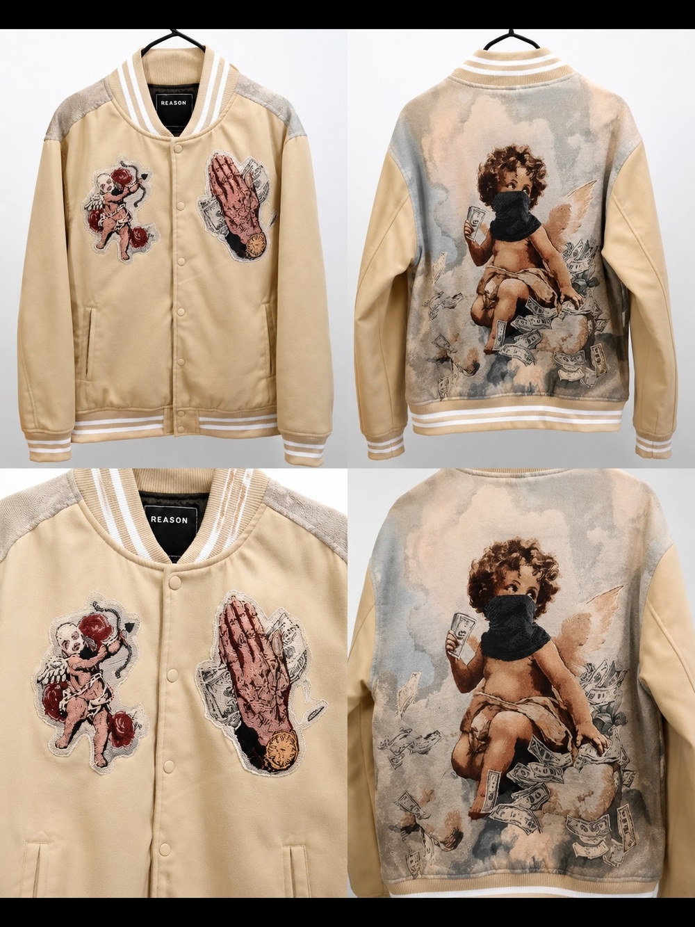 Cherub Tapestry Varsity Jacket en color caqui de la marca de streetwear Reason